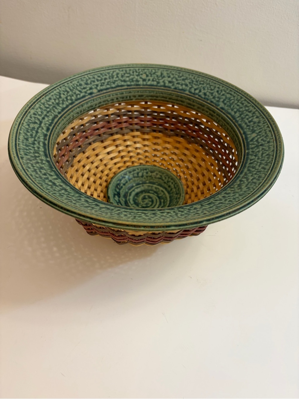 Art pottery bowl stoneware rim combined with basketry body